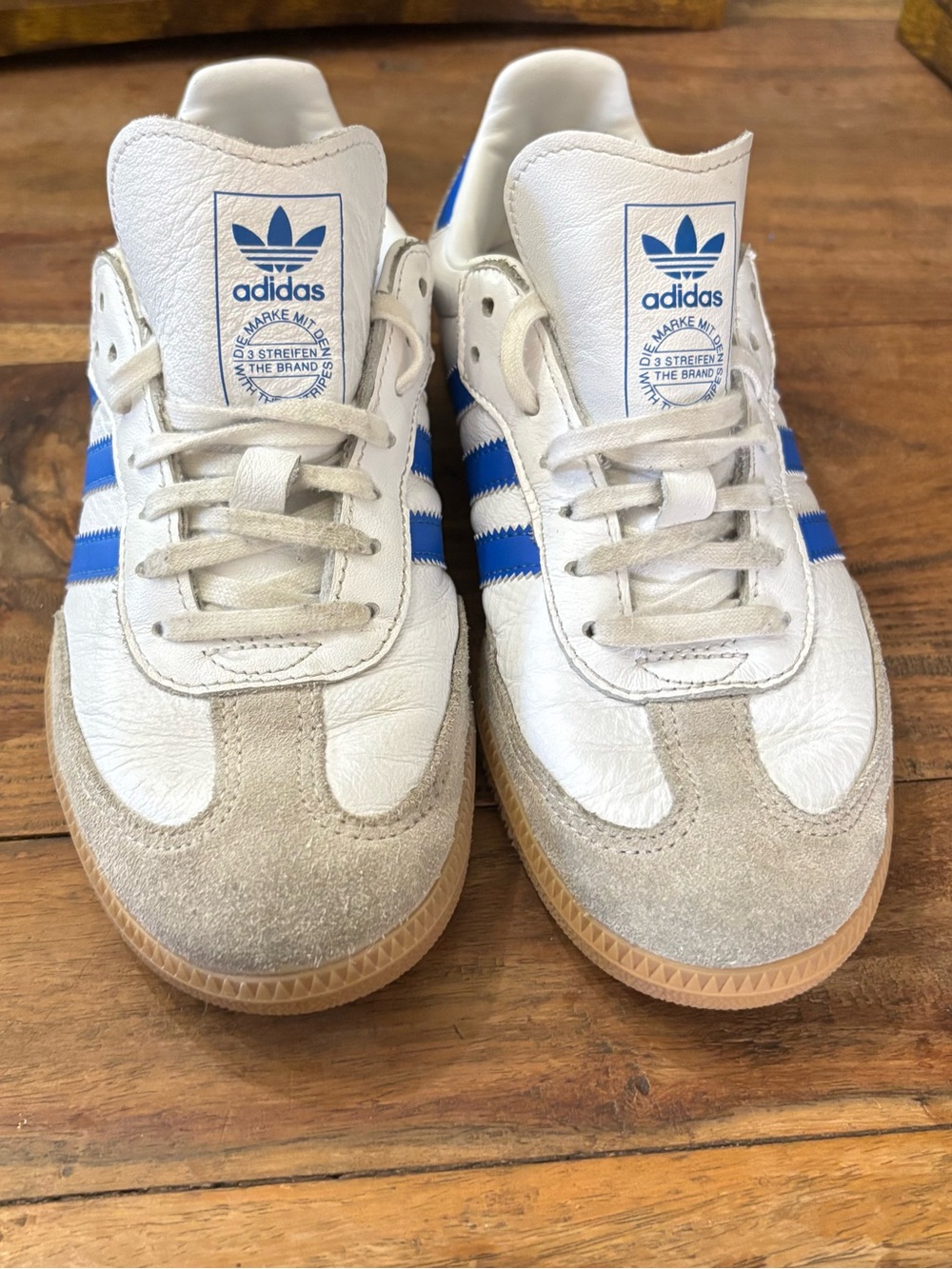 adidas White & Blue Leather Samba Sneakers with Suede Toe
